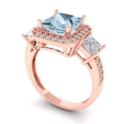 3.005 cttw Natural Aquamarine Three-Stone Engagement Ring - Solid Rose Gold (VVS1, Princess Cut,7.0mm)