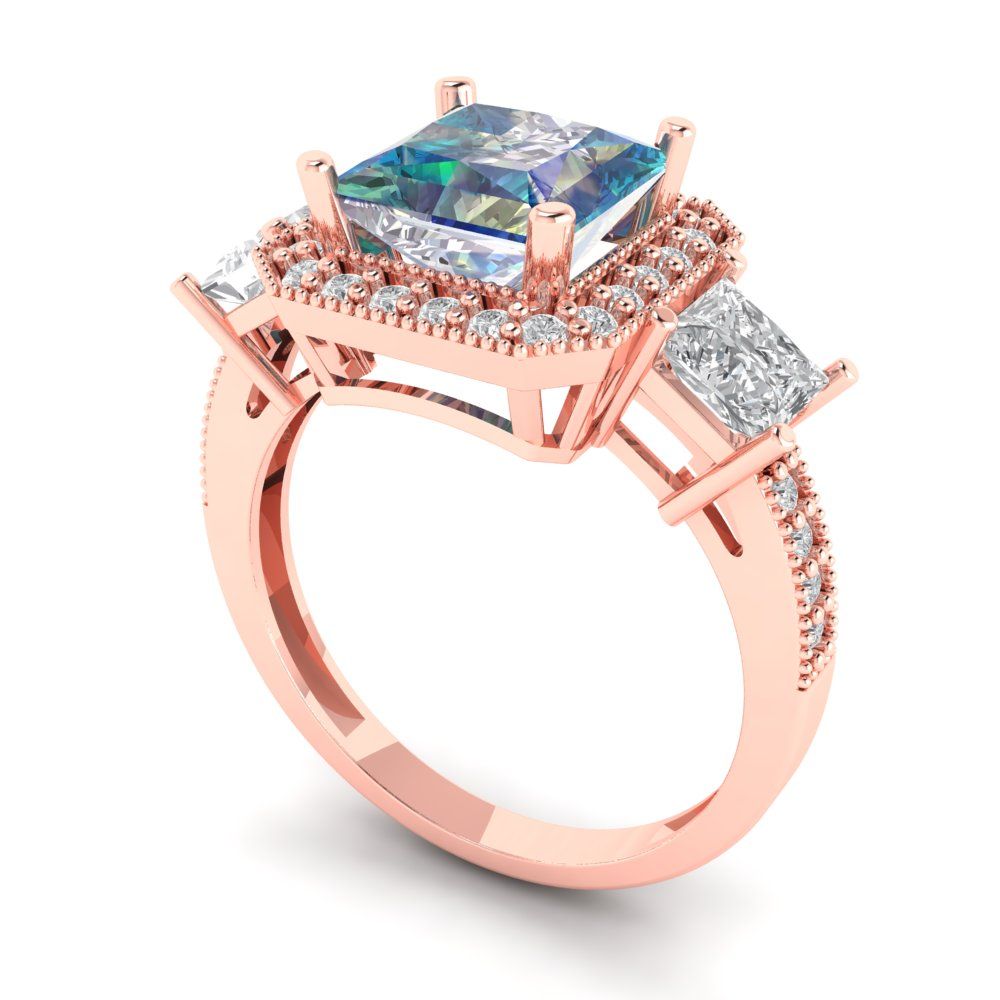 3.005 cttw Blue Moissanite Three-Stone Engagement Ring - Solid Rose Gold (VVS1, Princess Cut,7.0mm)