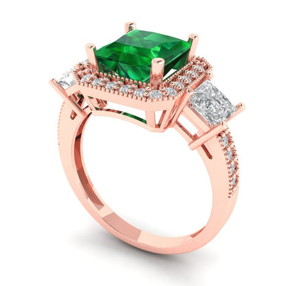 3.005 cttw Simulated Emerald Three-Stone Engagement Ring - Solid Rose Gold (VVS1, Princess Cut,7.0mm)