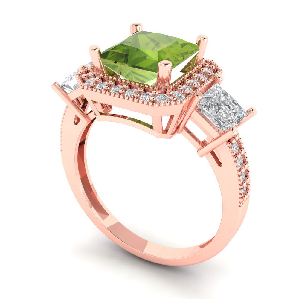 3.005 cttw Natural Peridot Three-Stone Engagement Ring - Solid Rose Gold (VVS1, Princess Cut,7.0mm)