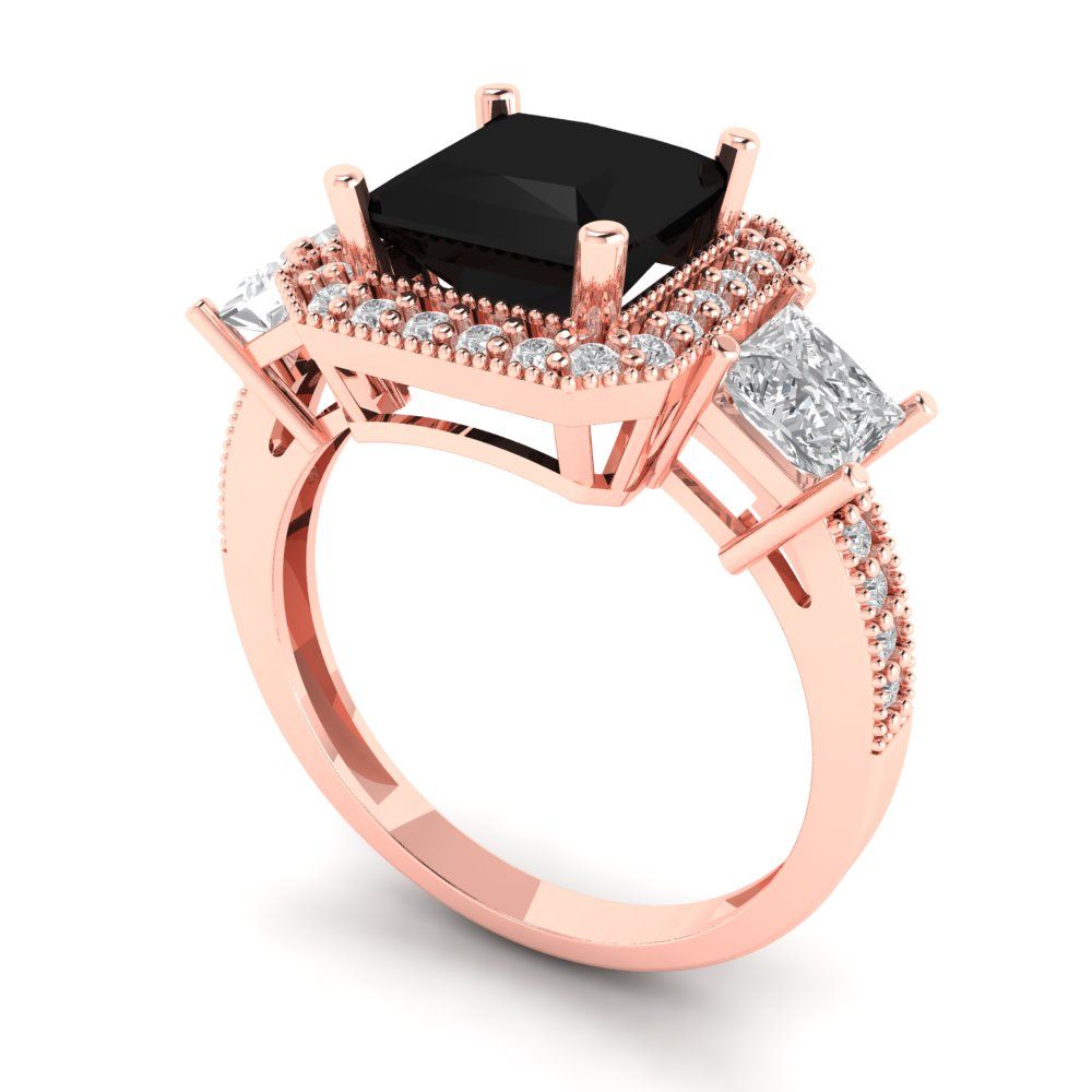 3.005 cttw Natural Onyx Three-Stone Engagement Ring - Solid Rose Gold (VVS1, Princess Cut,7.0mm)