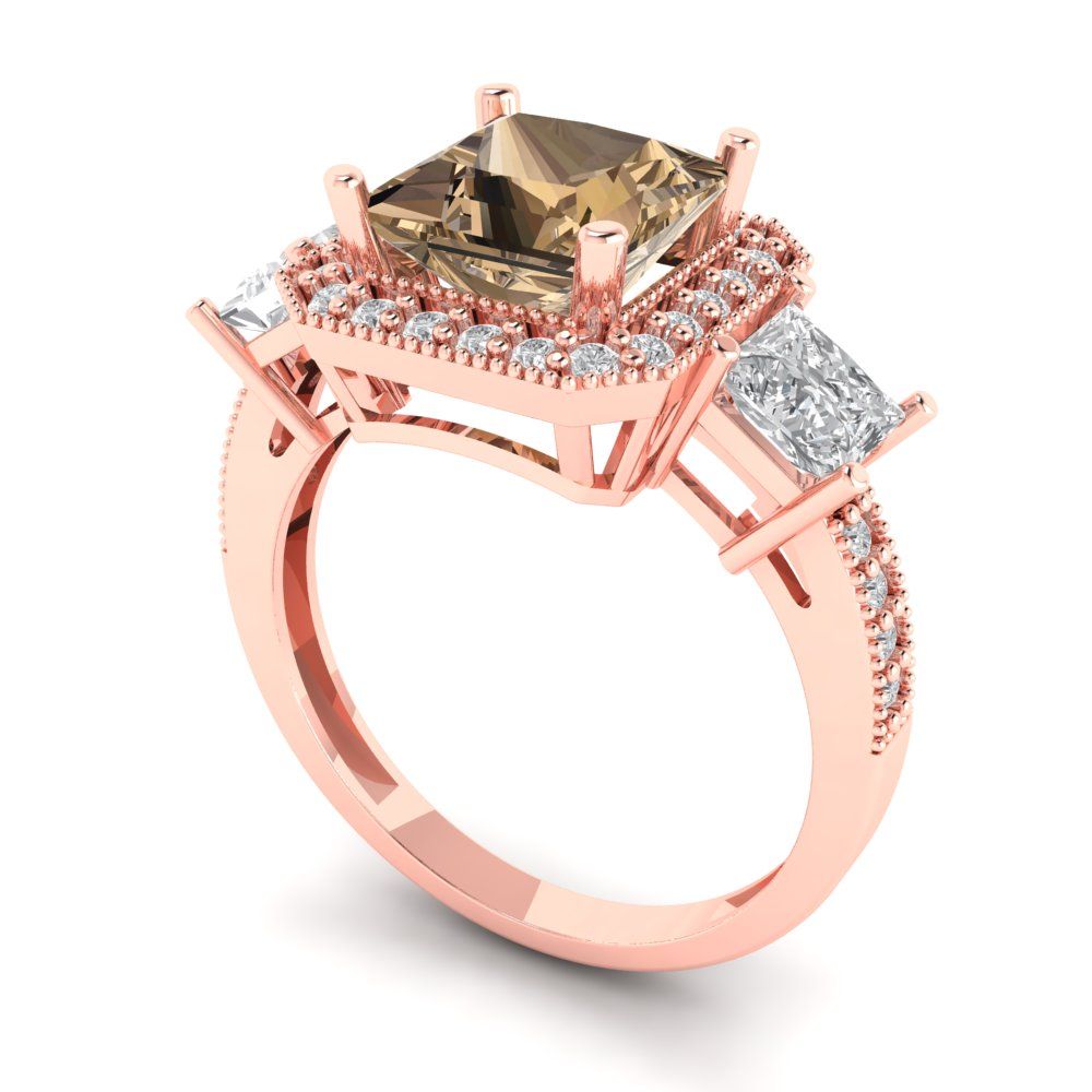 3.005 cttw Zirconia Simulated Champagne Diamond Three-Stone Engagement Ring - Solid Rose Gold (VVS1, Princess Cut,7.0mm)