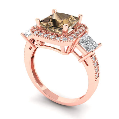 3.005 cttw Zirconia Simulated Champagne Diamond Three-Stone Engagement Ring - Solid Rose Gold (VVS1, Princess Cut,7.0mm)