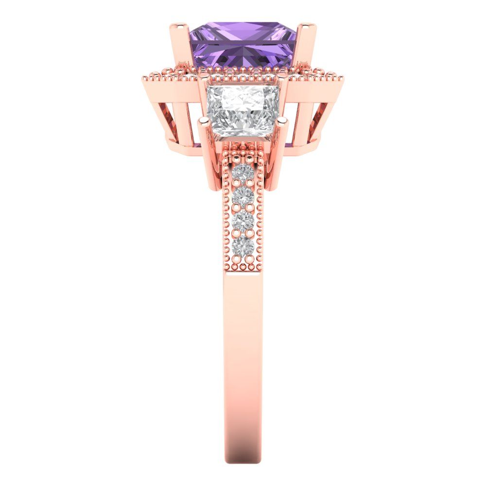 3.005 cttw Simulated Alexandrite Three-Stone Engagement Ring - Solid Rose Gold (VVS1, Princess Cut,7.0mm)