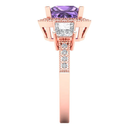 3.005 cttw Simulated Alexandrite Three-Stone Engagement Ring - Solid Rose Gold (VVS1, Princess Cut,7.0mm)