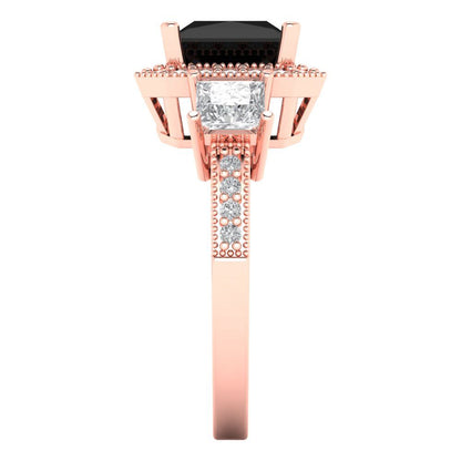 3.005 cttw Natural Onyx Three-Stone Engagement Ring - Solid Rose Gold (VVS1, Princess Cut,7.0mm)