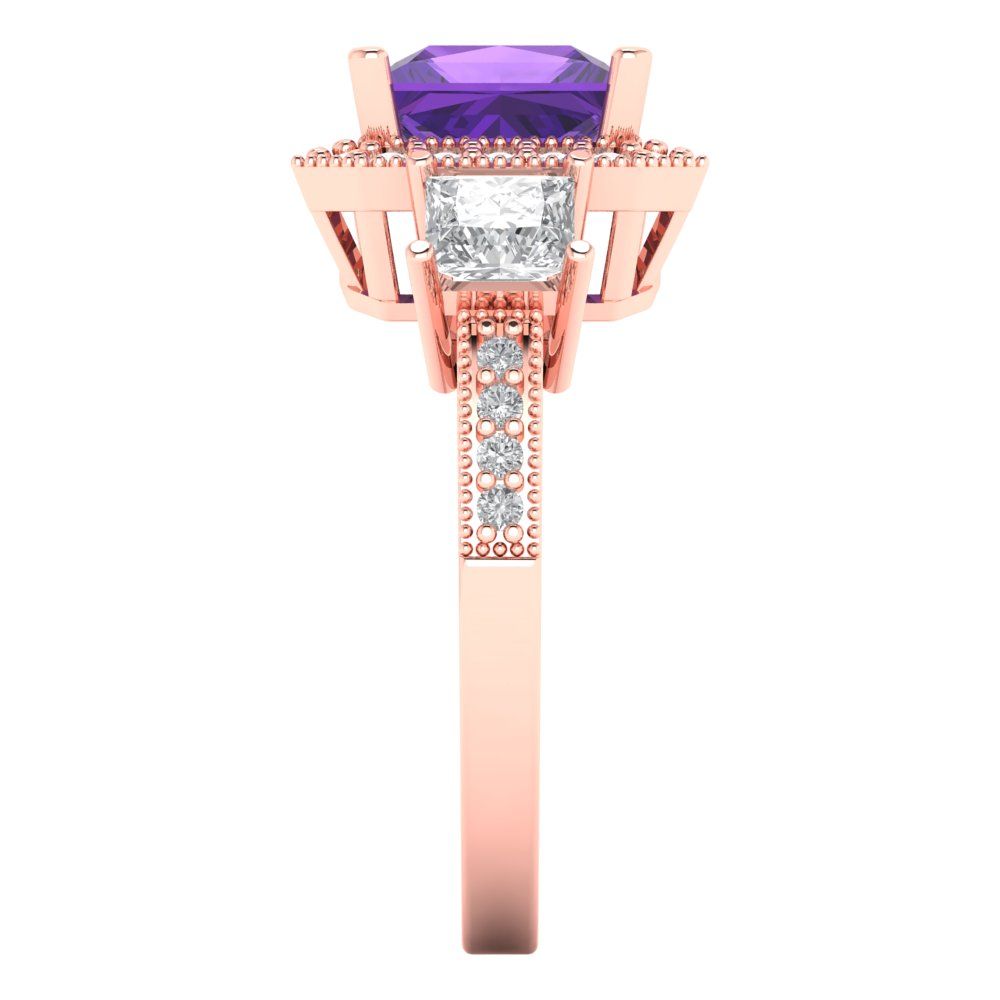 3.005 cttw Natural Amethyst Three-Stone Engagement Ring - Solid Rose Gold (VVS1, Princess Cut,7.0mm)