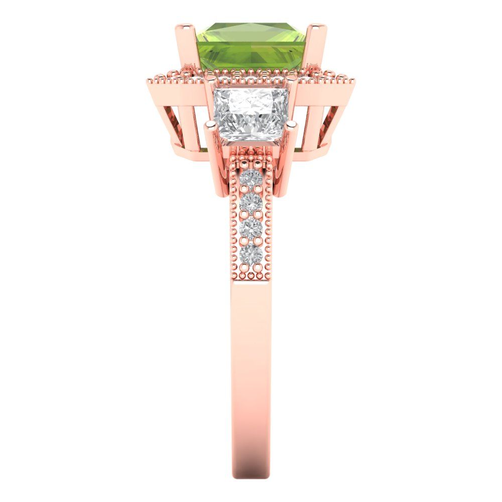 3.005 cttw Natural Peridot Three-Stone Engagement Ring - Solid Rose Gold (VVS1, Princess Cut,7.0mm)