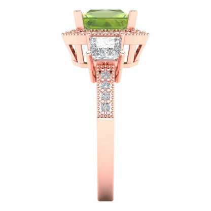 3.005 cttw Natural Peridot Three-Stone Engagement Ring - Solid Rose Gold (VVS1, Princess Cut,7.0mm)