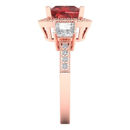 3.005 cttw Natural Garnet Three-Stone Engagement Ring - Solid Rose Gold (VVS1, Princess Cut,7.0mm)