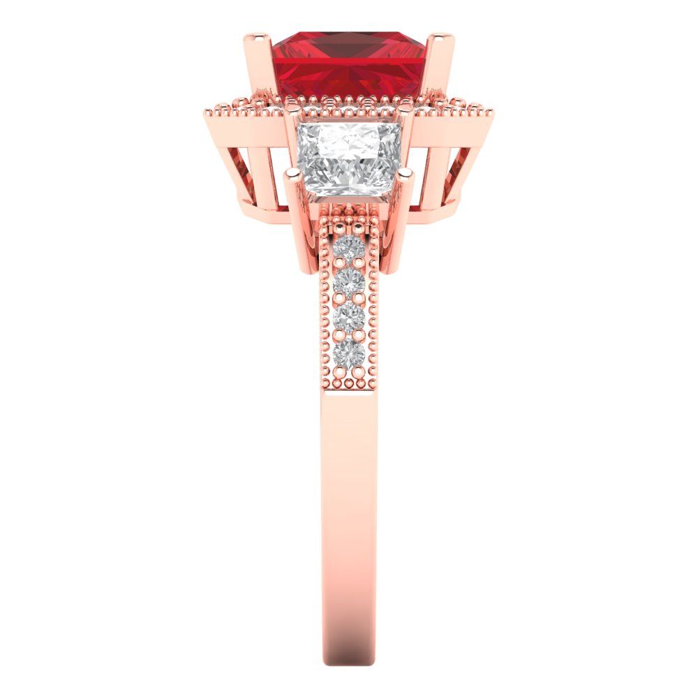 3.005 cttw Simulated Pink Tourmaline Three-Stone Engagement Ring - Solid Rose Gold (VVS1, Princess Cut,7.0mm)