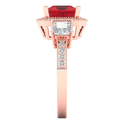 3.005 cttw Simulated Pink Tourmaline Three-Stone Engagement Ring - Solid Rose Gold (VVS1, Princess Cut,7.0mm)