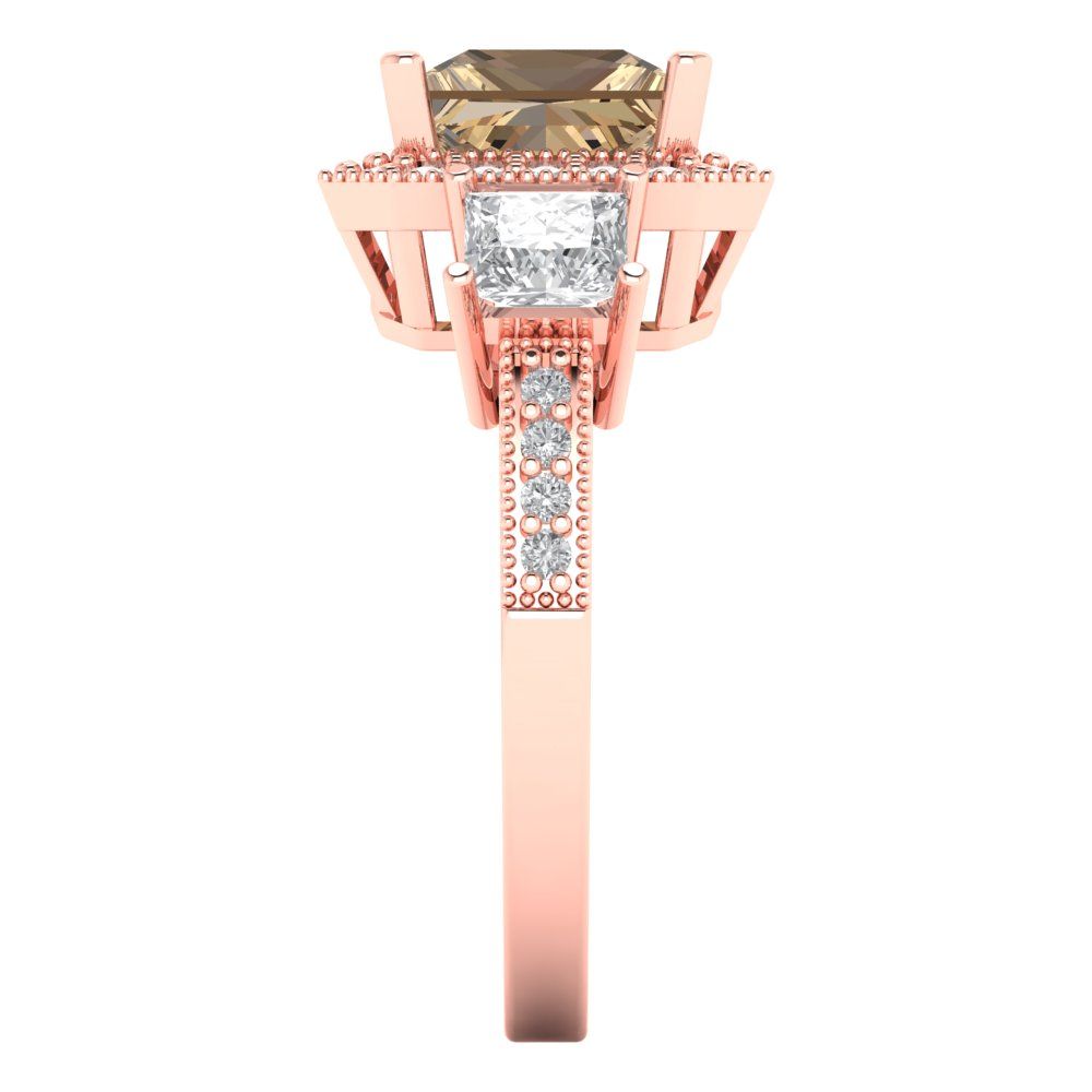 3.005 cttw Zirconia Simulated Champagne Diamond Three-Stone Engagement Ring - Solid Rose Gold (VVS1, Princess Cut,7.0mm)