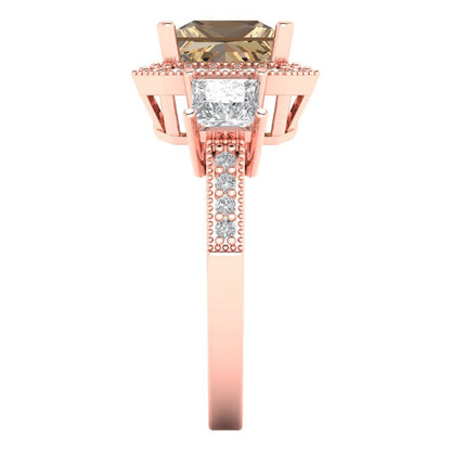 3.005 cttw Zirconia Simulated Champagne Diamond Three-Stone Engagement Ring - Solid Rose Gold (VVS1, Princess Cut,7.0mm)