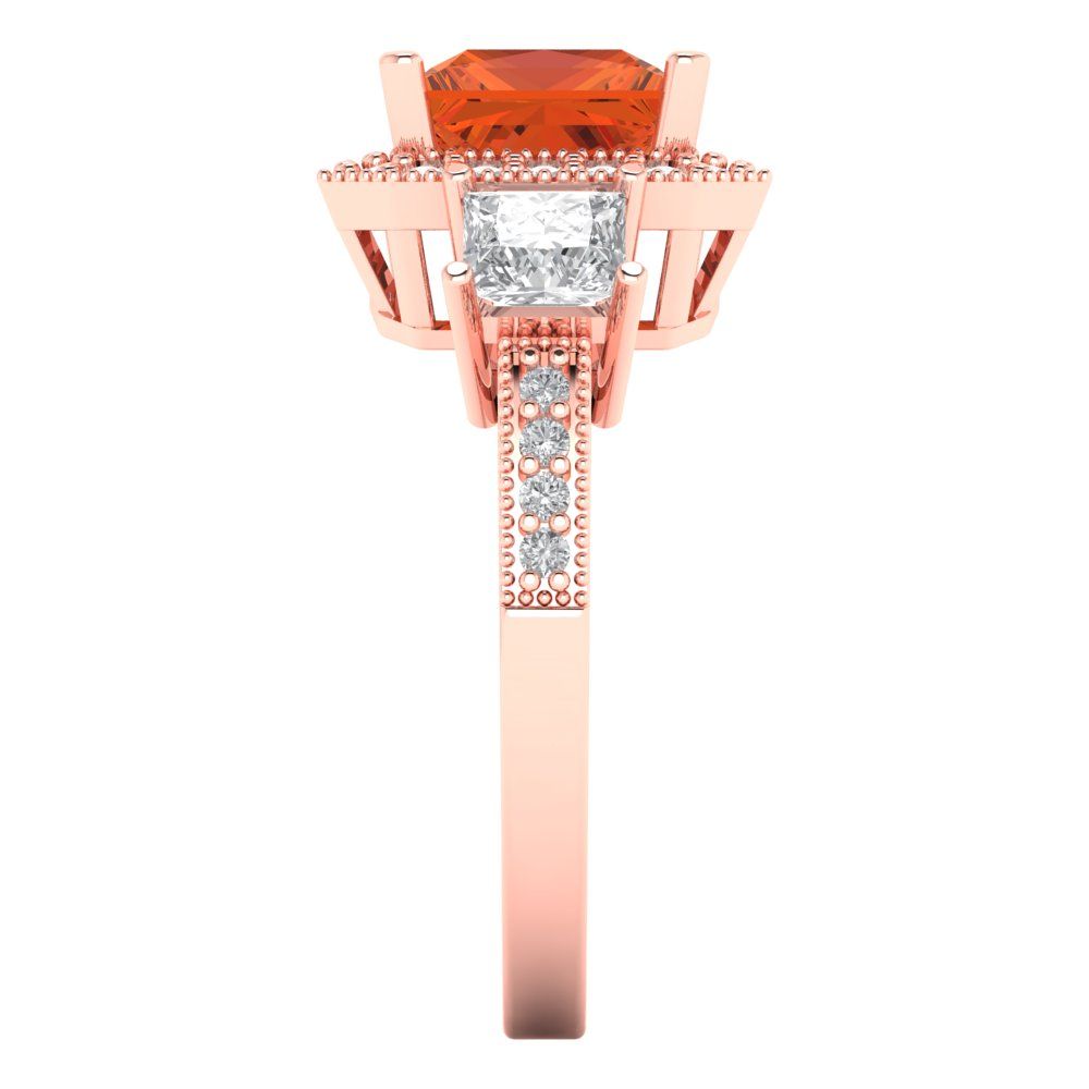 3.005 cttw Zirconia Simulated Red Diamond Three-Stone Engagement Ring - Solid Rose Gold (VVS1, Princess Cut,7.0mm)