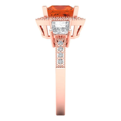 3.005 cttw Zirconia Simulated Red Diamond Three-Stone Engagement Ring - Solid Rose Gold (VVS1, Princess Cut,7.0mm)