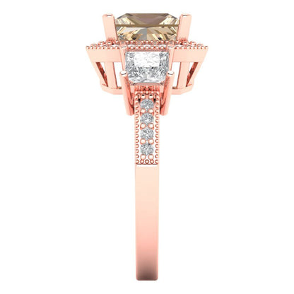 3.005 cttw Yellow Moissanite Three-Stone Engagement Ring - Solid Rose Gold (VVS1, Princess Cut,7.0mm)