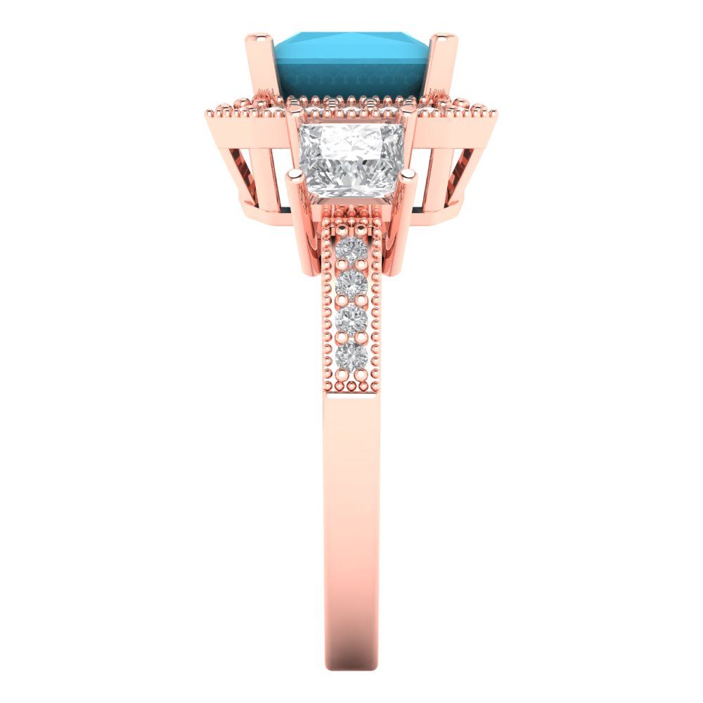 3.005 cttw Simulated Turquoise Three-Stone Engagement Ring - Solid Rose Gold (VVS1, Princess Cut,7.0mm)