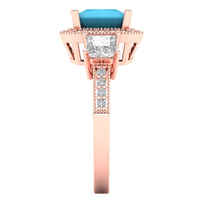 3.005 cttw Simulated Turquoise Three-Stone Engagement Ring - Solid Rose Gold (VVS1, Princess Cut,7.0mm)