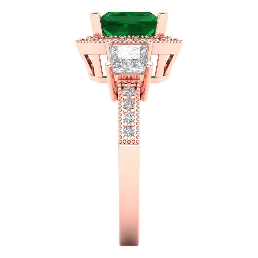 3.005 cttw Simulated Emerald Three-Stone Engagement Ring - Solid Rose Gold (VVS1, Princess Cut,7.0mm)