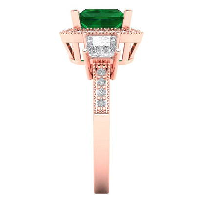 3.005 cttw Simulated Emerald Three-Stone Engagement Ring - Solid Rose Gold (VVS1, Princess Cut,7.0mm)