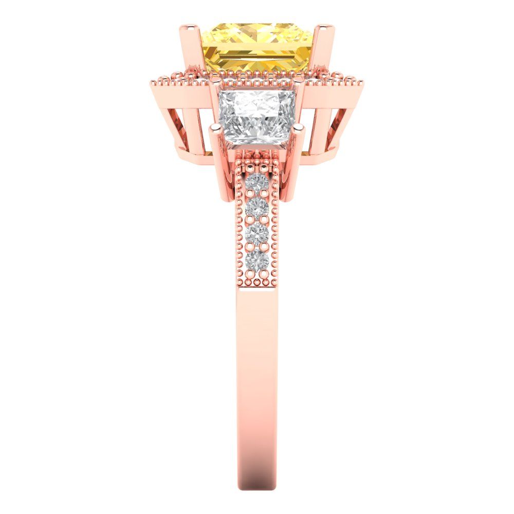 3.005 cttw Zirconia Simulated Yellow Diamond Three-Stone Engagement Ring - Solid Rose Gold (VVS1, Princess Cut,7.0mm)