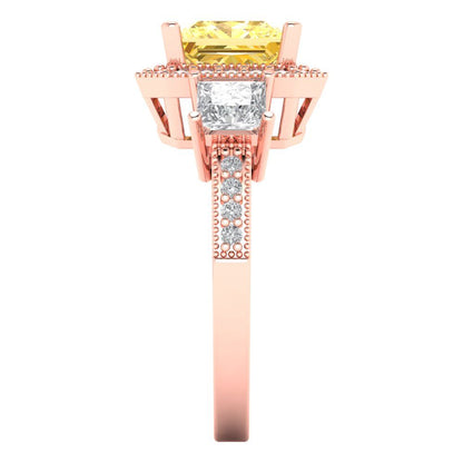 3.005 cttw Zirconia Simulated Yellow Diamond Three-Stone Engagement Ring - Solid Rose Gold (VVS1, Princess Cut,7.0mm)