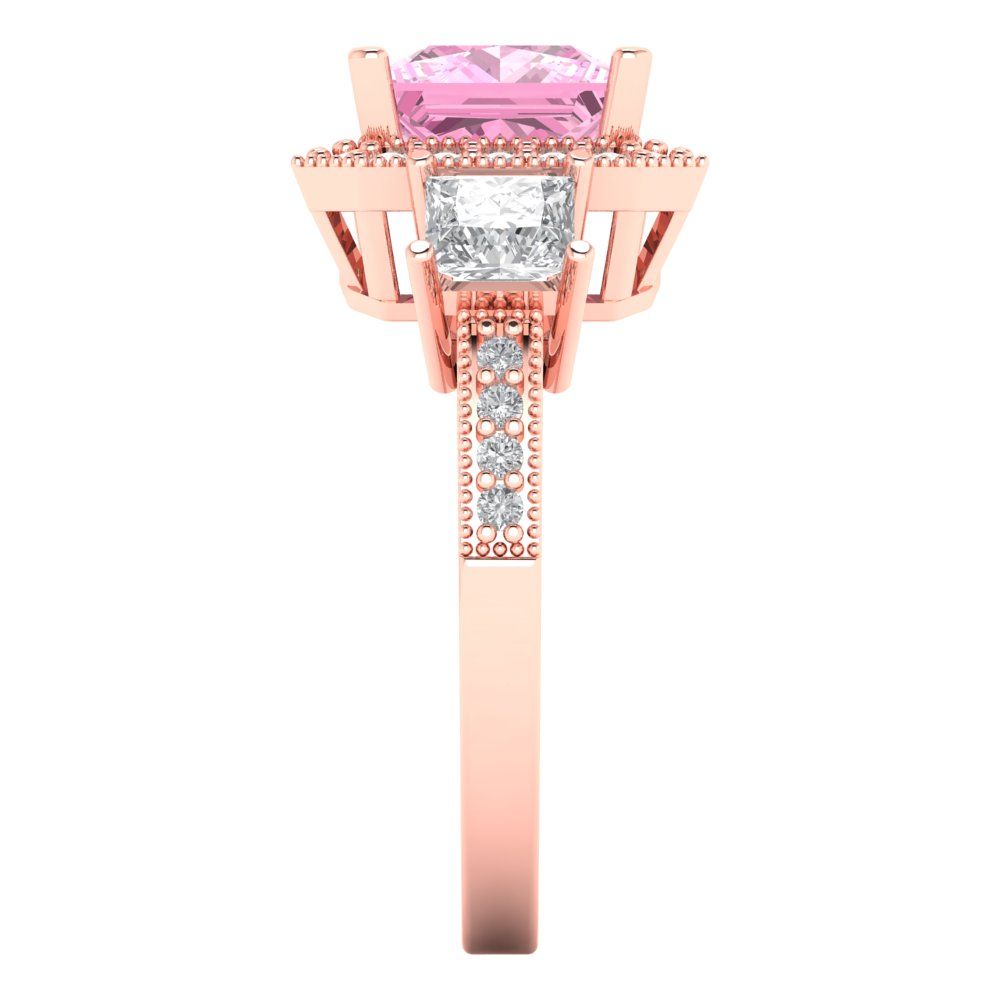 3.005 cttw Zirconia Simulated Pink Diamond Three-Stone Engagement Ring - Solid Rose Gold (VVS1, Princess Cut,7.0mm)