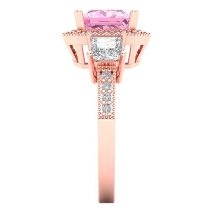3.005 cttw Zirconia Simulated Pink Diamond Three-Stone Engagement Ring - Solid Rose Gold (VVS1, Princess Cut,7.0mm)