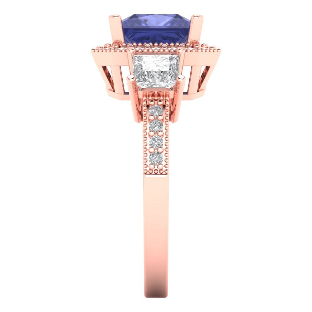 3.005 cttw Simulated Tanzanite Three-Stone Engagement Ring - Solid Rose Gold (VVS1, Princess Cut,7.0mm)