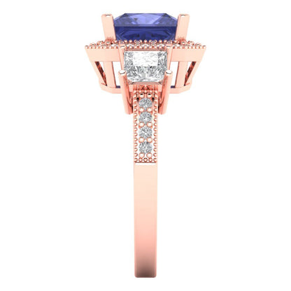 3.005 cttw Simulated Tanzanite Three-Stone Engagement Ring - Solid Rose Gold (VVS1, Princess Cut,7.0mm)
