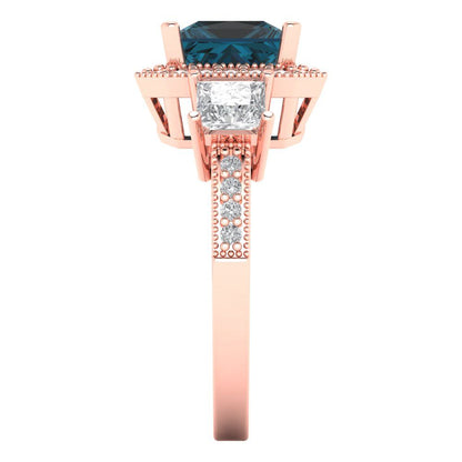 3.005 cttw Natural London Blue Topaz Three-Stone Engagement Ring - Solid Gold (Princess Cut,7.0mm)