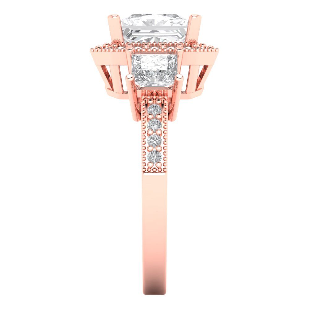 3.005 cttw Moissanite Three-Stone Engagement Ring - Solid Rose Gold (VVS1, Princess Cut,7.0mm)
