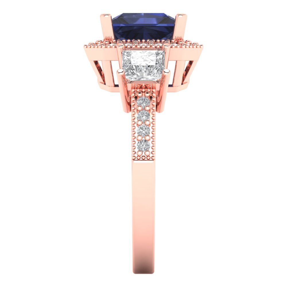 3.005 cttw Simulated Blue Sapphire Three-Stone Engagement Ring - Solid Rose Gold (VVS1, Princess Cut,7.0mm)