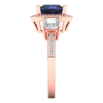 3.005 cttw Simulated Blue Sapphire Three-Stone Engagement Ring - Solid Rose Gold (VVS1, Princess Cut,7.0mm)