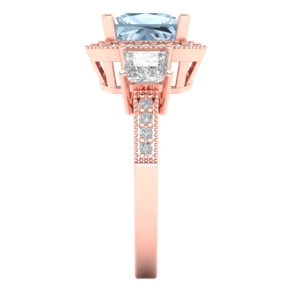 3.005 cttw Natural Sky Blue Topaz Three-Stone Engagement Ring - Solid Rose Gold (VVS1, Princess Cut,7.0mm)