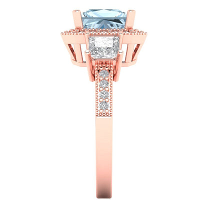 3.005 cttw Natural Sky Blue Topaz Three-Stone Engagement Ring - Solid Rose Gold (VVS1, Princess Cut,7.0mm)