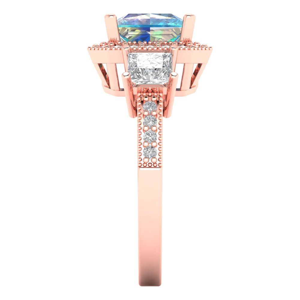 3.005 cttw Blue Moissanite Three-Stone Engagement Ring - Solid Rose Gold (VVS1, Princess Cut,7.0mm)