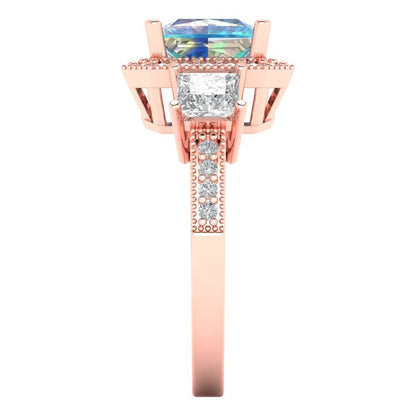 3.005 cttw Blue Moissanite Three-Stone Engagement Ring - Solid Rose Gold (VVS1, Princess Cut,7.0mm)