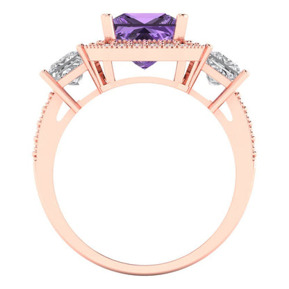 3.005 cttw Simulated Alexandrite Three-Stone Engagement Ring - Solid Rose Gold (VVS1, Princess Cut,7.0mm)