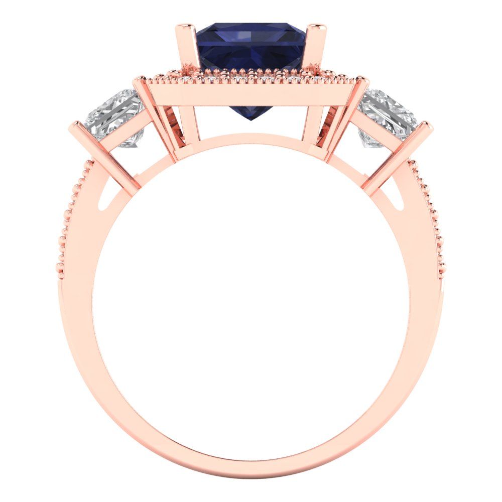 3.005 cttw Simulated Blue Sapphire Three-Stone Engagement Ring - Solid Rose Gold (VVS1, Princess Cut,7.0mm)
