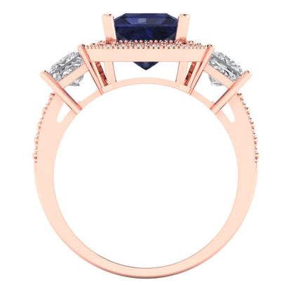 3.005 cttw Simulated Blue Sapphire Three-Stone Engagement Ring - Solid Rose Gold (VVS1, Princess Cut,7.0mm)