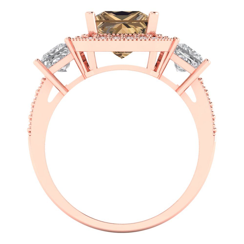 3.005 cttw Zirconia Simulated Champagne Diamond Three-Stone Engagement Ring - Solid Rose Gold (VVS1, Princess Cut,7.0mm)