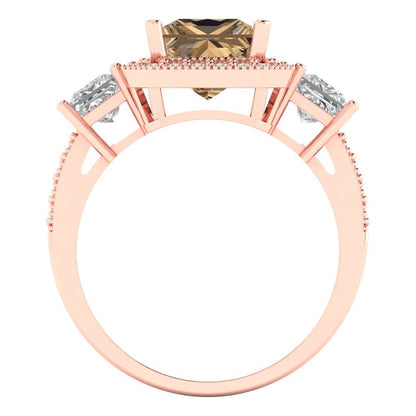 3.005 cttw Zirconia Simulated Champagne Diamond Three-Stone Engagement Ring - Solid Rose Gold (VVS1, Princess Cut,7.0mm)