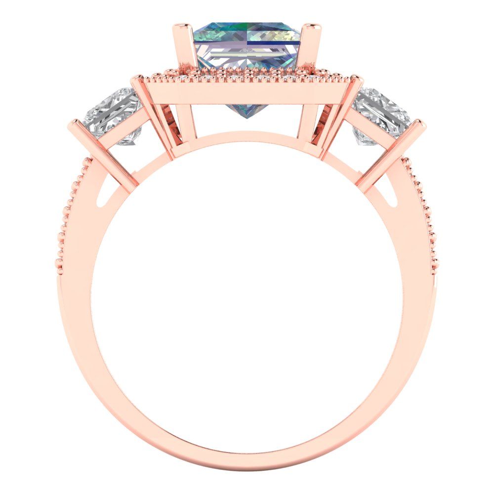 3.005 cttw Blue Moissanite Three-Stone Engagement Ring - Solid Rose Gold (VVS1, Princess Cut,7.0mm)