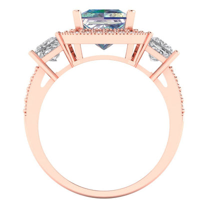 3.005 cttw Blue Moissanite Three-Stone Engagement Ring - Solid Rose Gold (VVS1, Princess Cut,7.0mm)