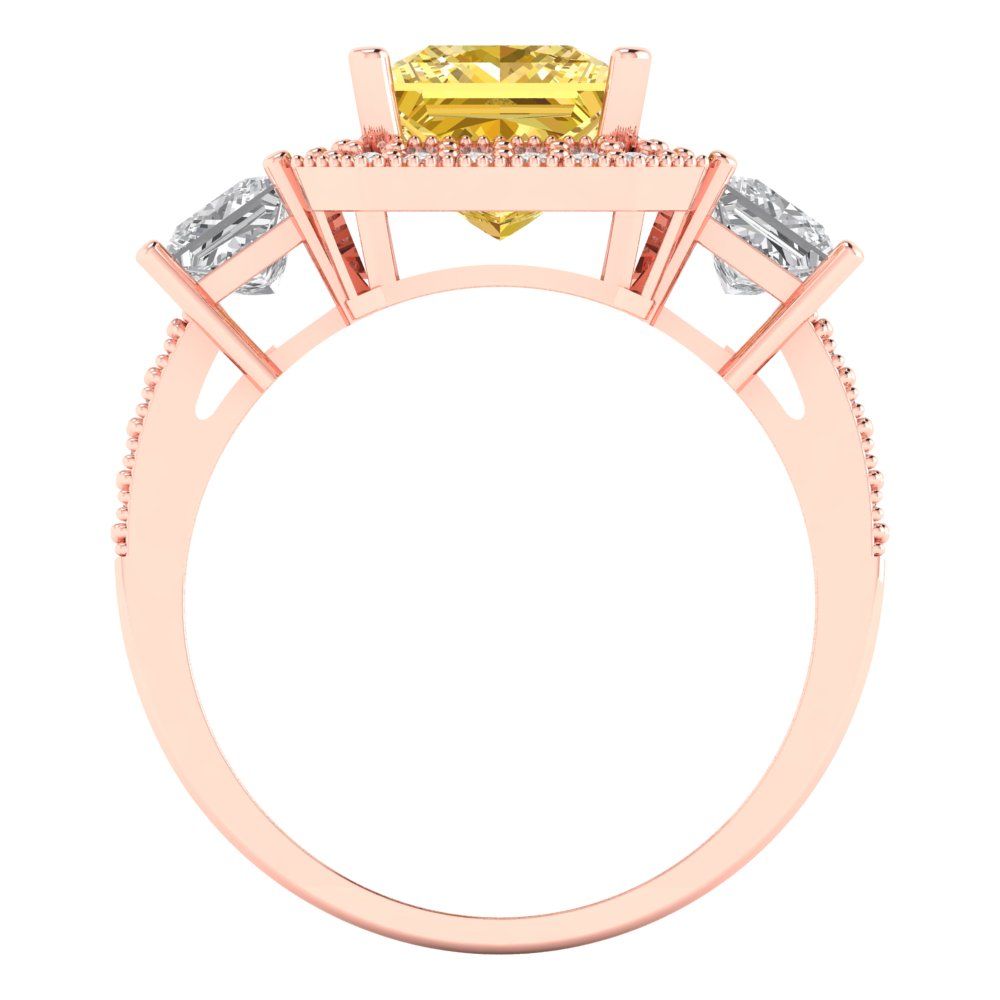3.005 cttw Zirconia Simulated Yellow Diamond Three-Stone Engagement Ring - Solid Rose Gold (VVS1, Princess Cut,7.0mm)