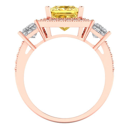 3.005 cttw Zirconia Simulated Yellow Diamond Three-Stone Engagement Ring - Solid Rose Gold (VVS1, Princess Cut,7.0mm)