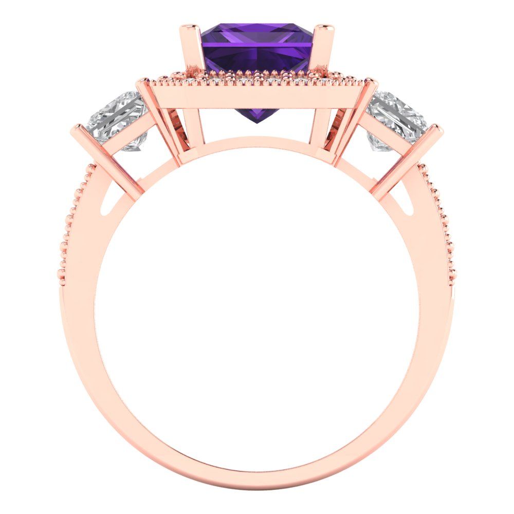 3.005 cttw Natural Amethyst Three-Stone Engagement Ring - Solid Rose Gold (VVS1, Princess Cut,7.0mm)