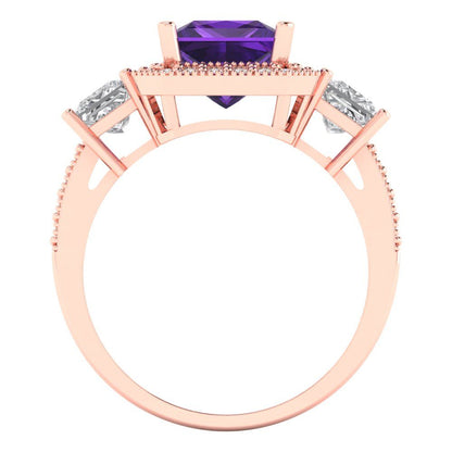 3.005 cttw Natural Amethyst Three-Stone Engagement Ring - Solid Rose Gold (VVS1, Princess Cut,7.0mm)